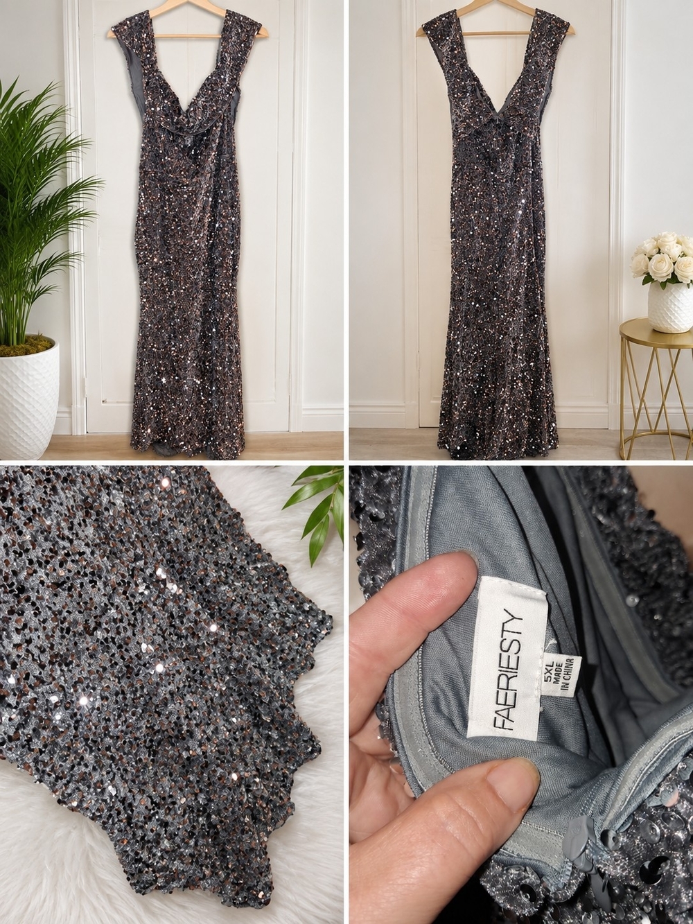 FAERIESTY  Sequin Strapless Evening Dress in Gunmetal Gray